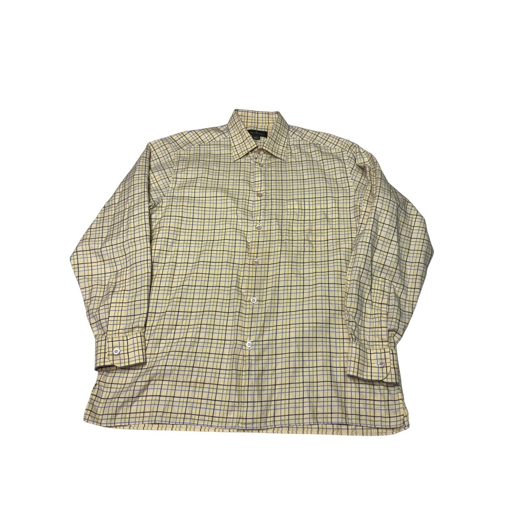 Ermenegildo Zegna Mens Large Yellow Check Cotton Button Down Shirt Made in Italy